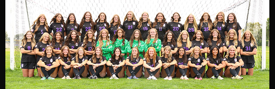 Picture of the current girls soccer team.  Girls are in three rows in front of the net.