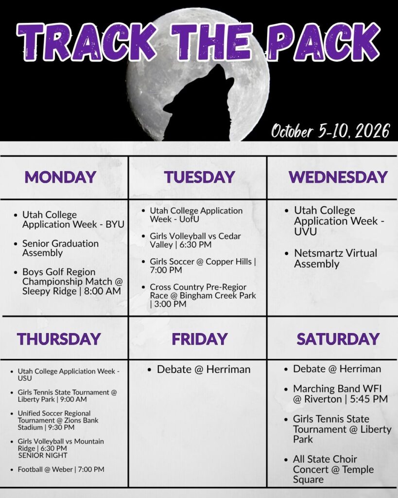 List of weekly events.  Also can be found in the school calendar